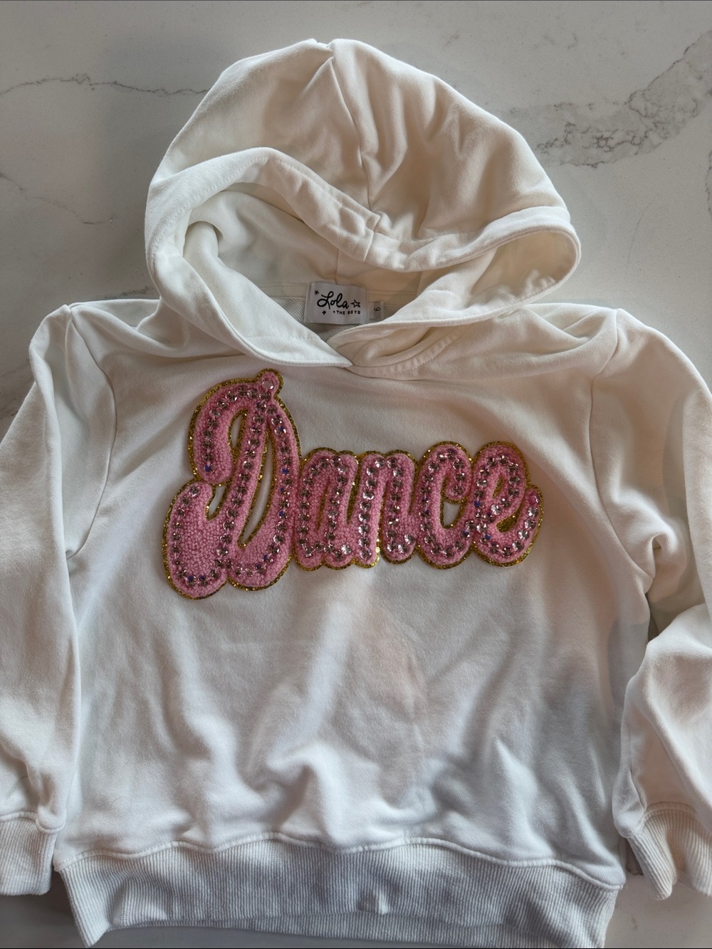 Lola + The Boys White Hoodie with Pink Sequin "Dance" Applique